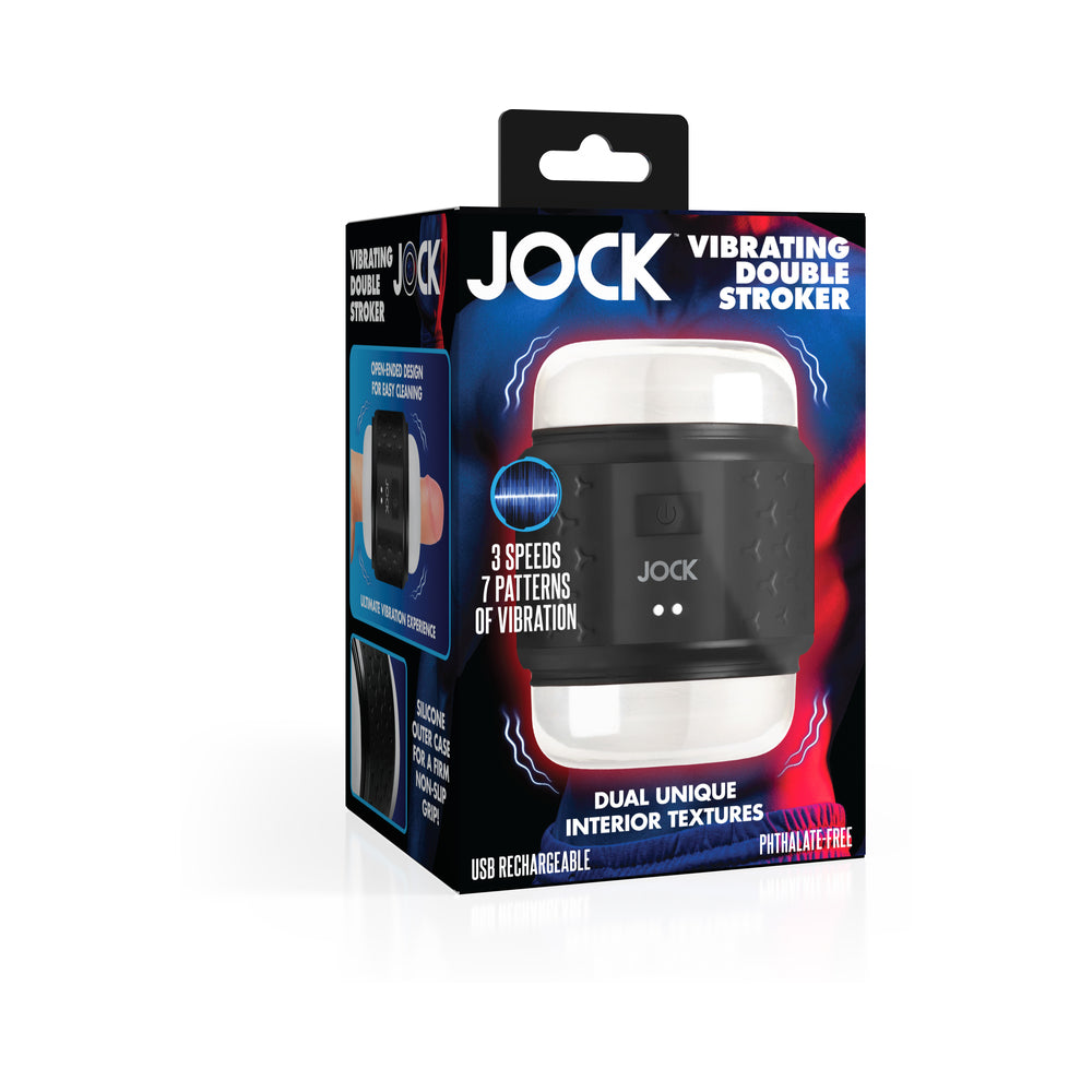 JOCK Vibrating Double Stroker Curve Novelties JOCK vibrating double stroker in black box with gray case and clear textured openings