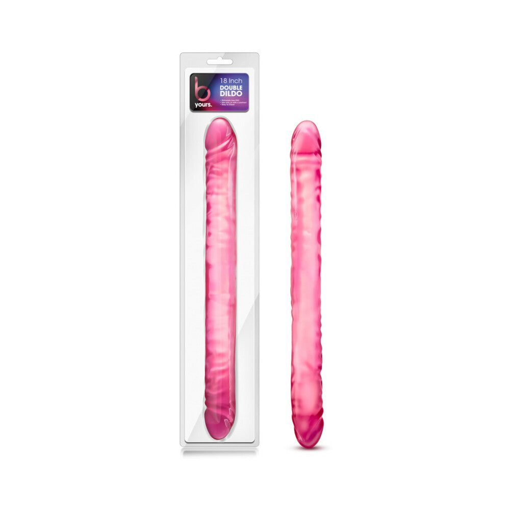 B Yours 18 in. Double Dildo Pink B Yours Pink 18 Inch Double Dildo beside clear hanging retail package