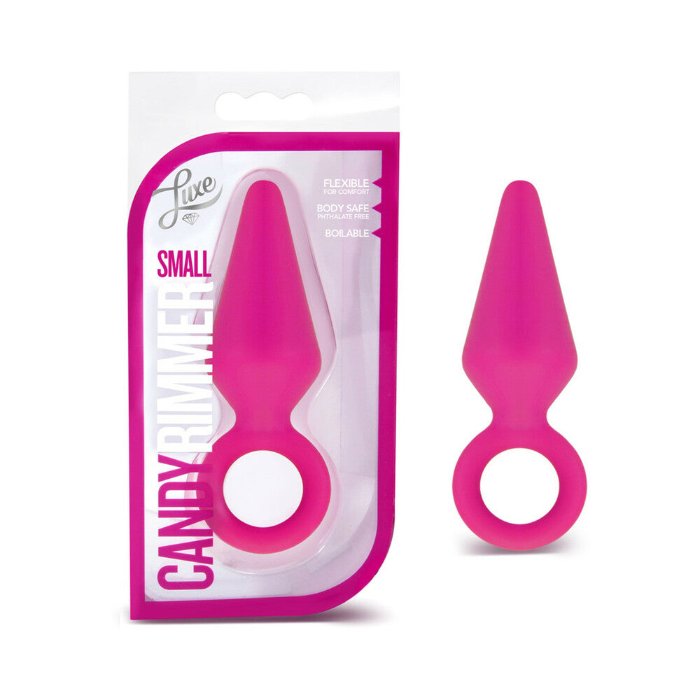 Luxe Candy Rimmer Small Silicone Anal Plug Pink Luxe Candy Rimmer Small Pink plug beside retail package