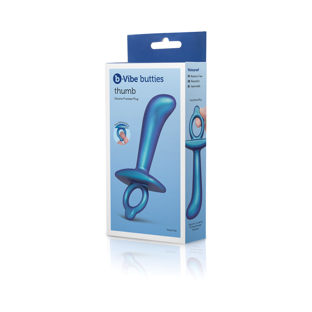 b-Vibe Butties Thumb Silicone Prostate Plug b-Vibe Butties Thumb blue plug in light-blue retail box