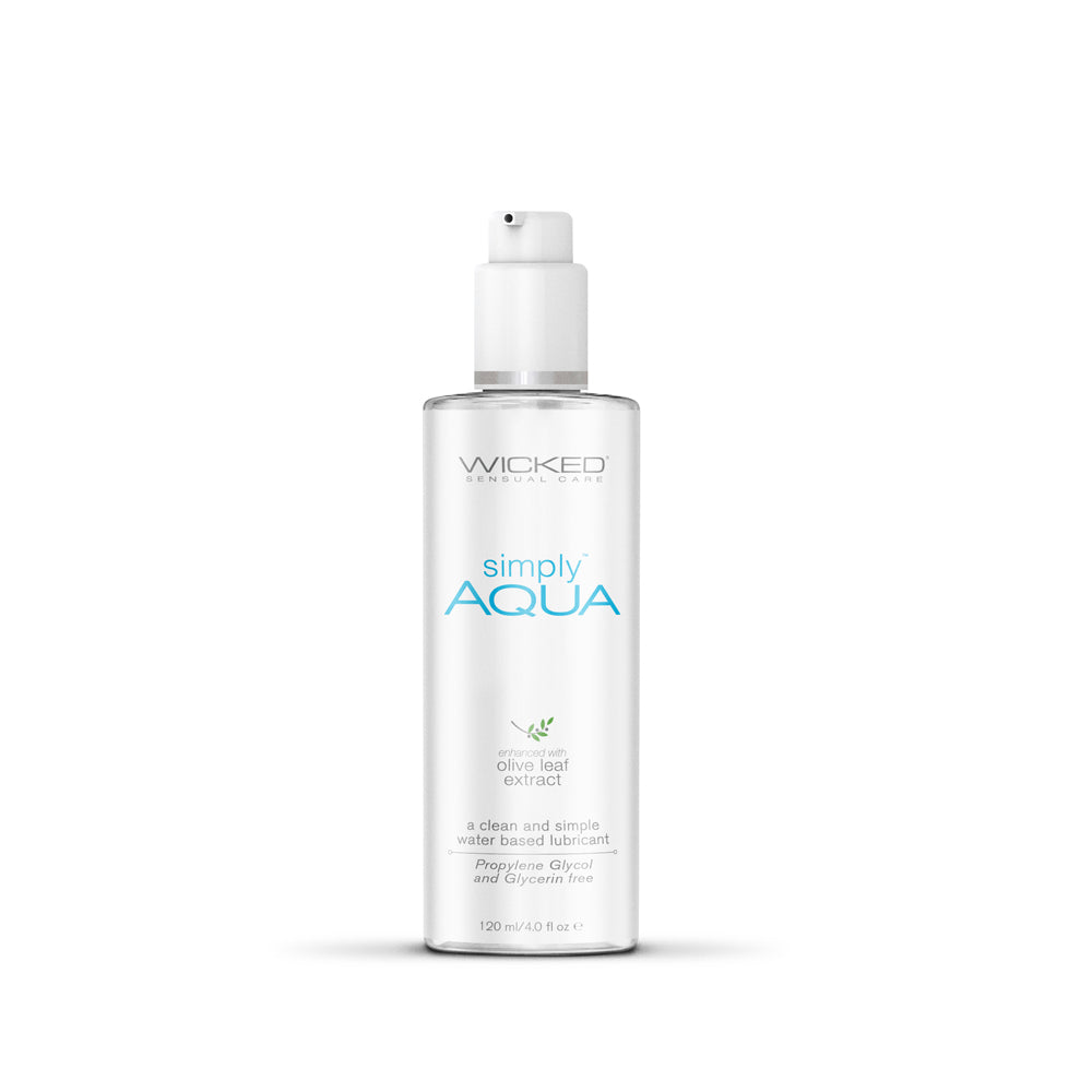 Wicked Simply Aqua Water-Based Lubricant 4 oz. Front of Wicked Simply Aqua four-ounce clear pump bottle
