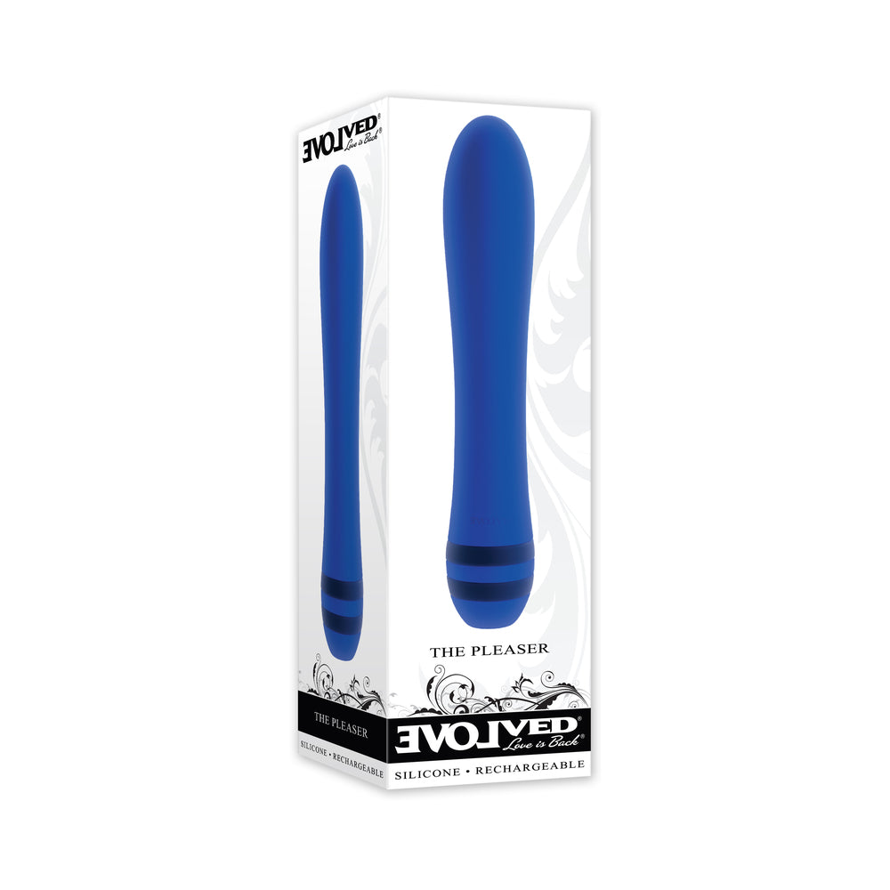 Evolved The Pleaser Rechargeable Vibrator Silicone Blue Evolved The Pleaser blue vibrator displayed in a white window box