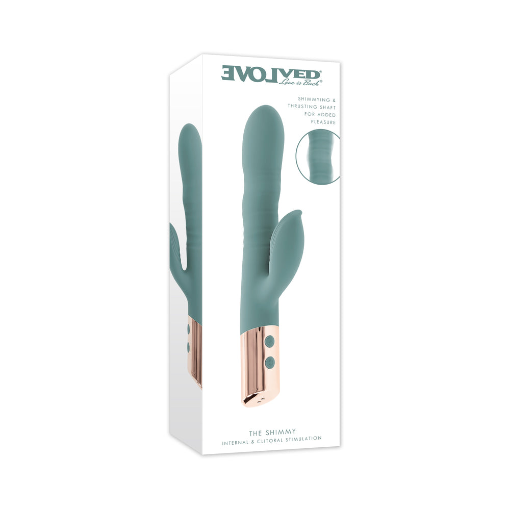 Evolved The Shimmy Mint Evolved The Shimmy mint vibrator beside white retail box