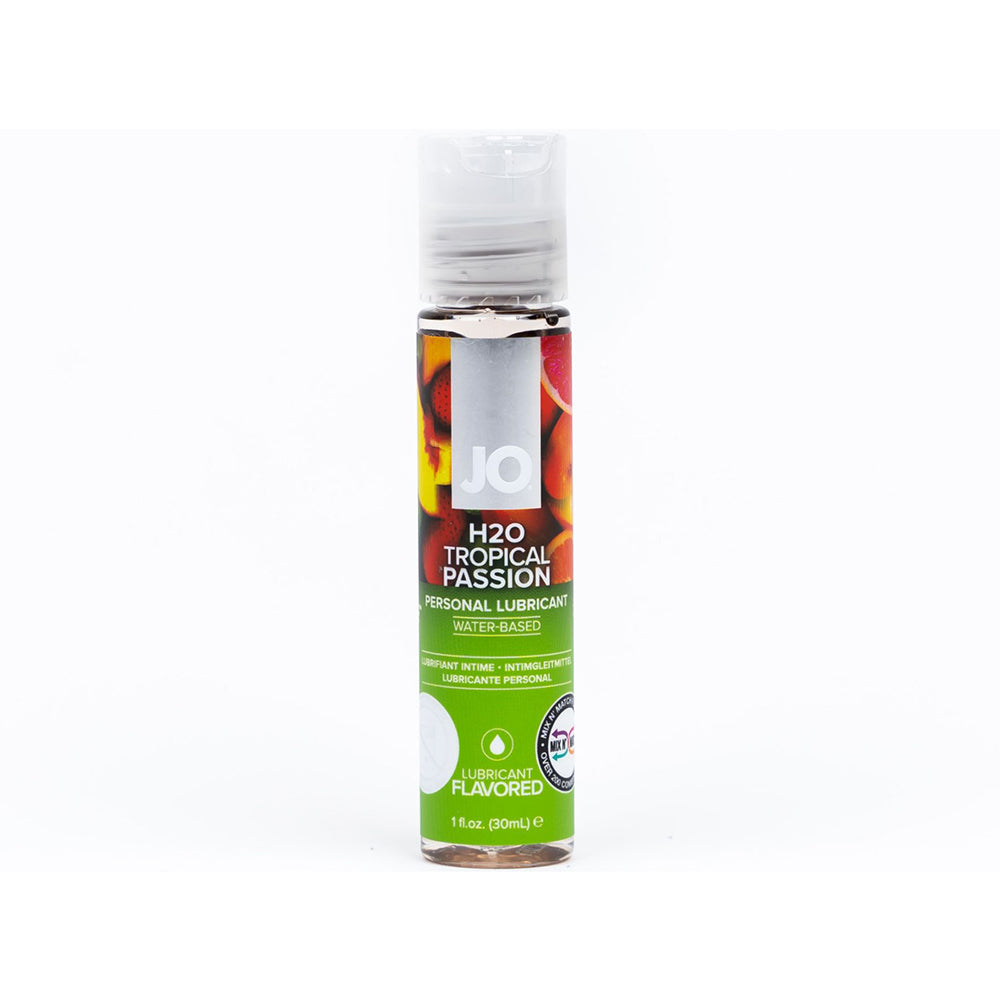 JO H2O Tropical Passion Flavored Water-Based Lubricant 1 oz. Front view of 1 oz JO H2O Tropical Passion bottle with silver cap and green label