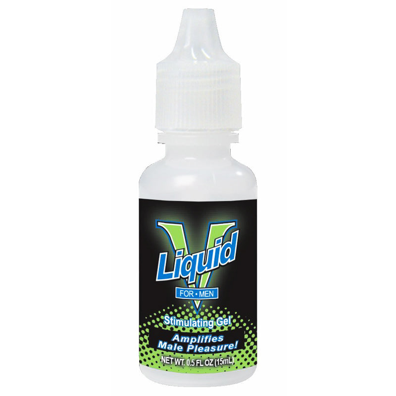 Liquid V for Men Stimulating Gel 0.5 fl oz bottle Liquid V for Men 0.5 oz white dropper bottle with black blue green label