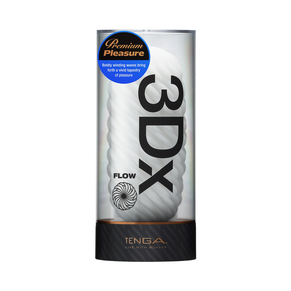 TENGA 3Dx Flow white stroker sleeve silver retail cylinder labeled Flow