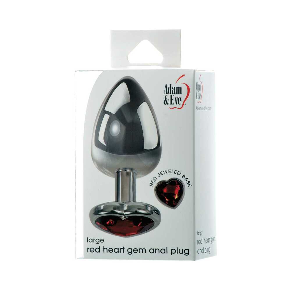 Adam & Eve Red Hearts Gem Anal Plug Large Adam & Eve Red Heart Large metal anal plug shown inside white retail box
