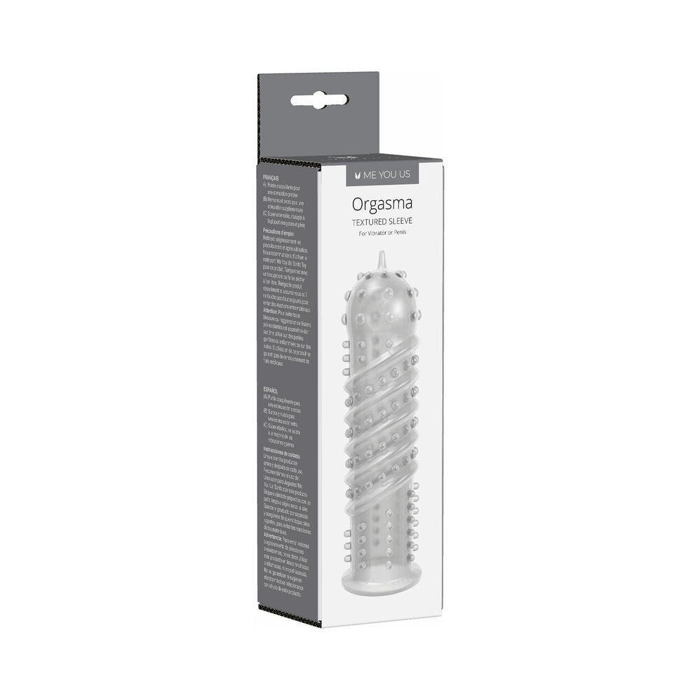 Me You Us Orgasma Sleeve Clear clear Me You Us Orgasma sleeve with spiral ribs and raised nubs displayed on box