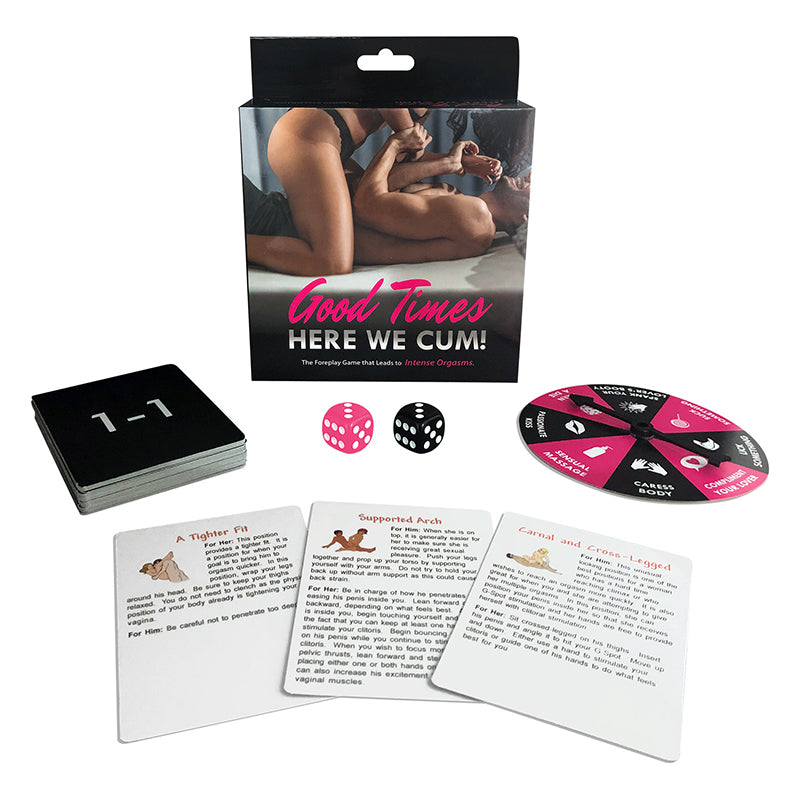 Good Times Here We Cum Game Good Times Here We Cum box with cards, die and color spinner