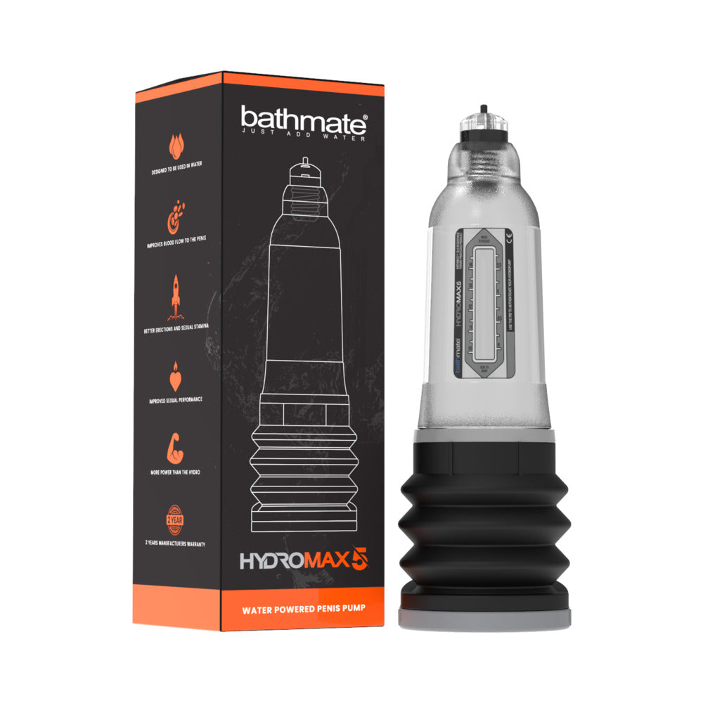 Bathmate Hydromax5 Clear Bathmate Hydromax5 Clear penis pump transparent cylinder and black bellows beside orange-and-black retail box