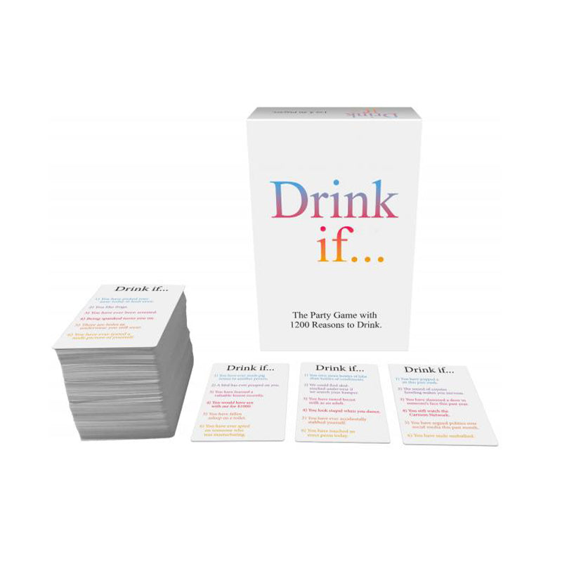 Drink If Game Drink If game box with card stack, sample cards and white die