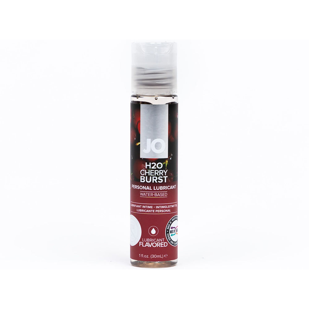 JO H2O Cherry Burst Flavored Water-Based Lubricant 1 oz. Front view of 1 oz JO H2O Cherry Burst bottle with silver cap and dark red label