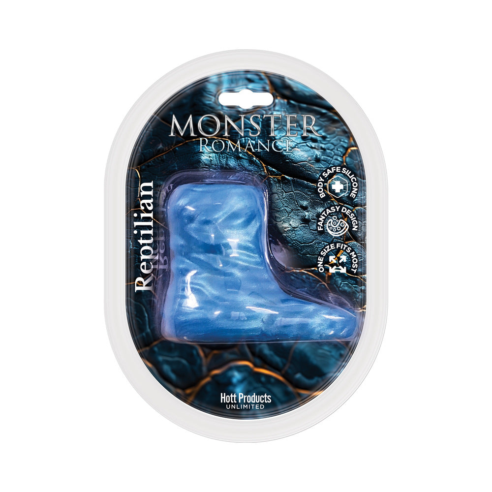 Monster Romance Reptilian Penis Sleeve with Ball Strap Silicone Blue Monster Romance Reptilian sleeve in oval package
