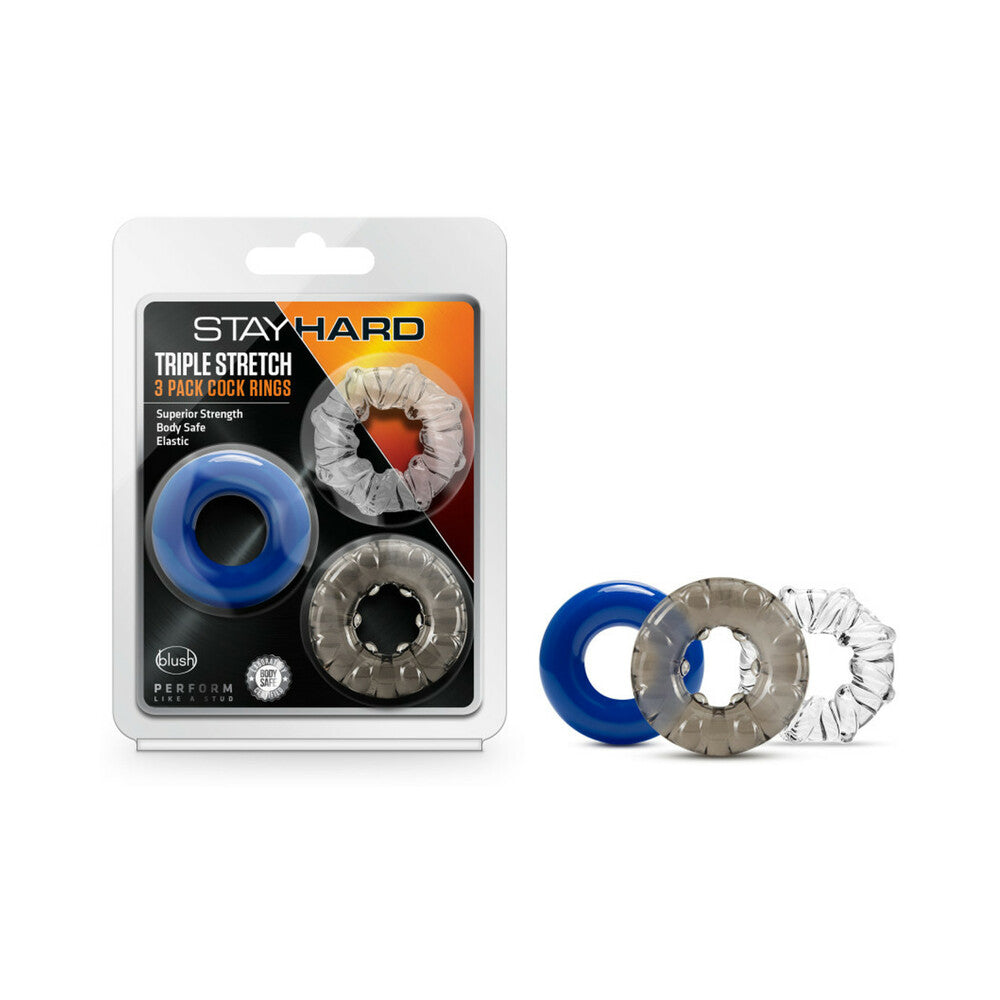 Stay Hard Triple Stretch Cockrings 3-Pack Assorted Colors Assorted Stay Hard three-ring pack beside retail package