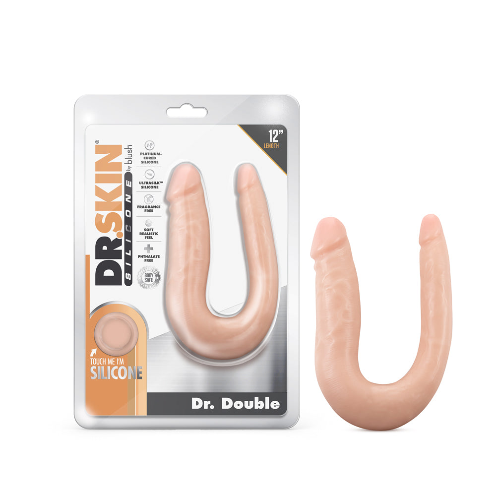 Dr. Skin Silicone Dr. Double Realistic 12 in. Dual-Ended Dildo Beige Dr. Skin Dr. Double beige U-shaped dildo beside retail package