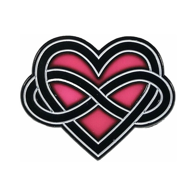 Geeky & Kinky Infinite Love (Polyamory Symbol) Enamel Pin pink heart and silver infinity polyamory symbol enamel pin