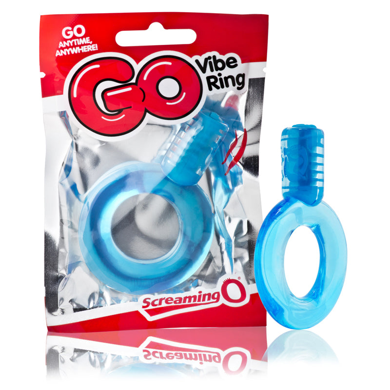 Screaming O GO Vibe Ring Blue Screaming O GO Blue Vibe Ring blue ring beside clear pouch and red hanging card