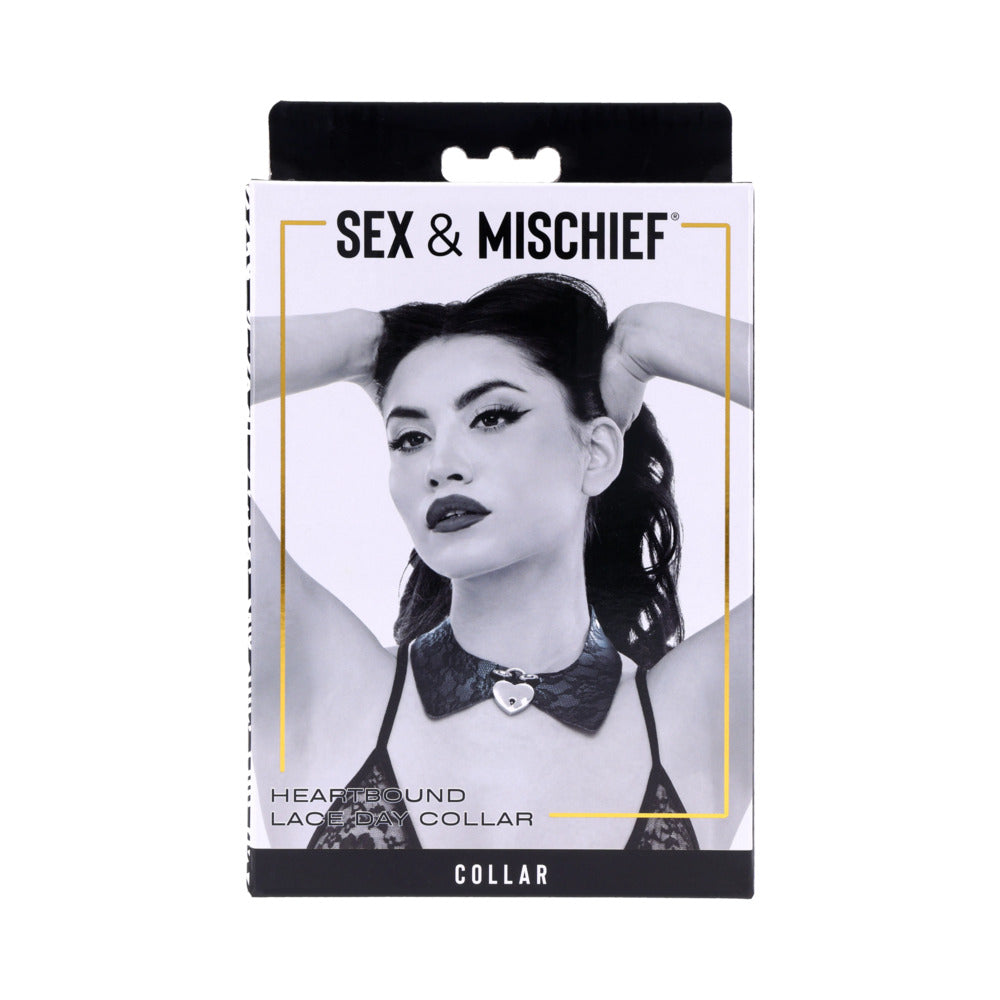 Sportsheets Sex & Mischief Heartbound Lace Day Collar Sportsheets Heartbound black lace collar with silver heart lock in retail package