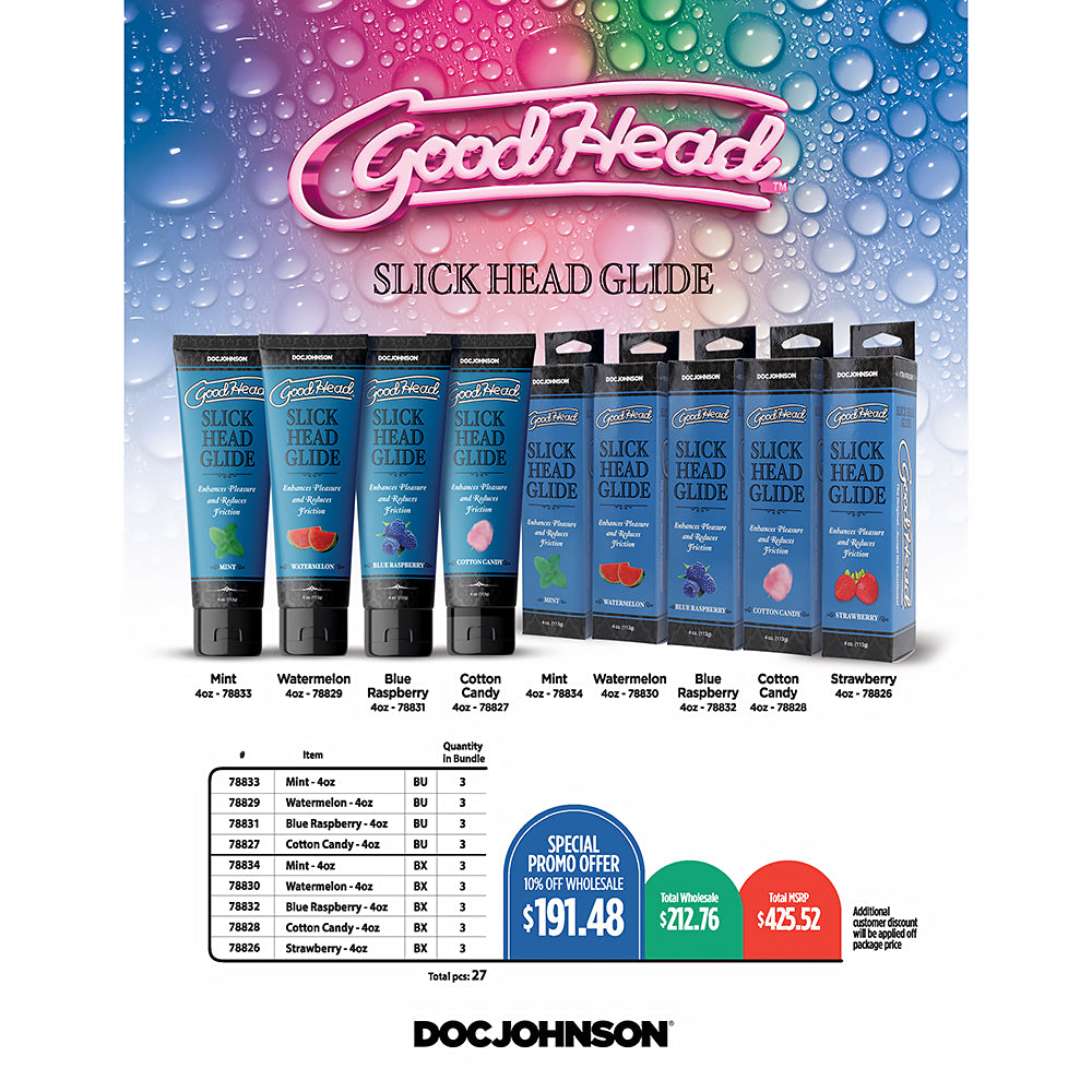 Doc Johnson Good Head Slick Bundle Doc Johnson Good Head Slick bundle chart with nine assorted 4 oz package styles