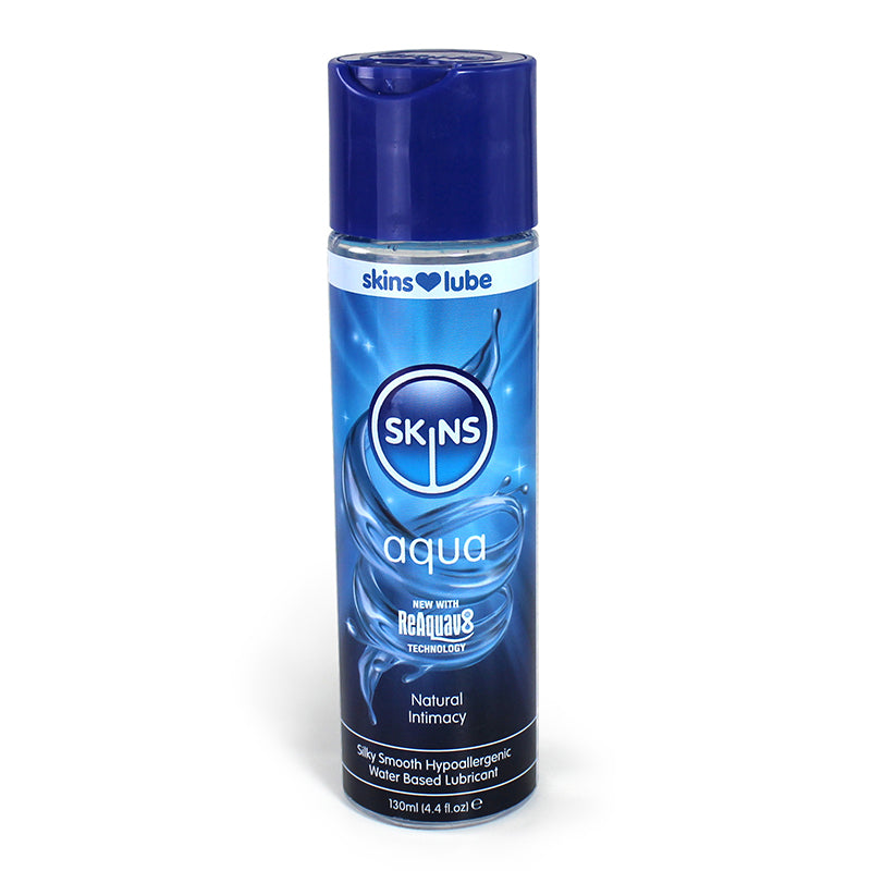 Skins Aqua Water-Based Lubricant 4 oz. Skins Aqua 4 oz lubricant bottle with blue label and flip-top cap