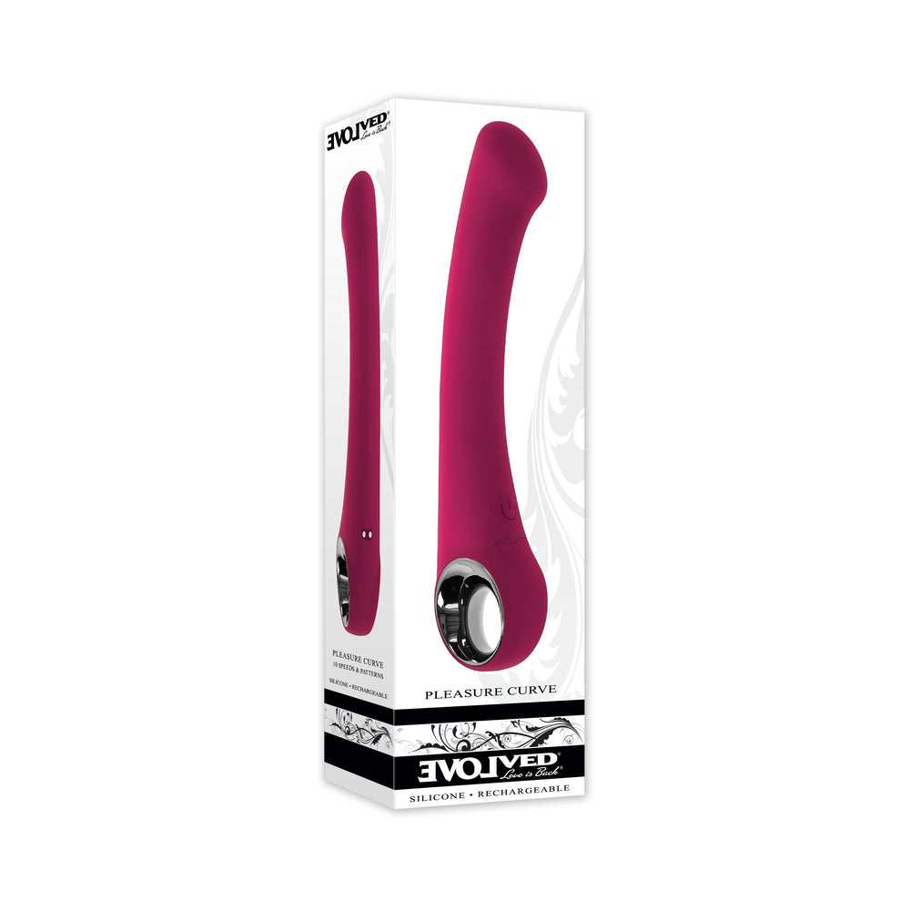 Evolved Pleasure Curve Burgundy Evolved Pleasure Curve burgundy vibrator pictured on white retail box