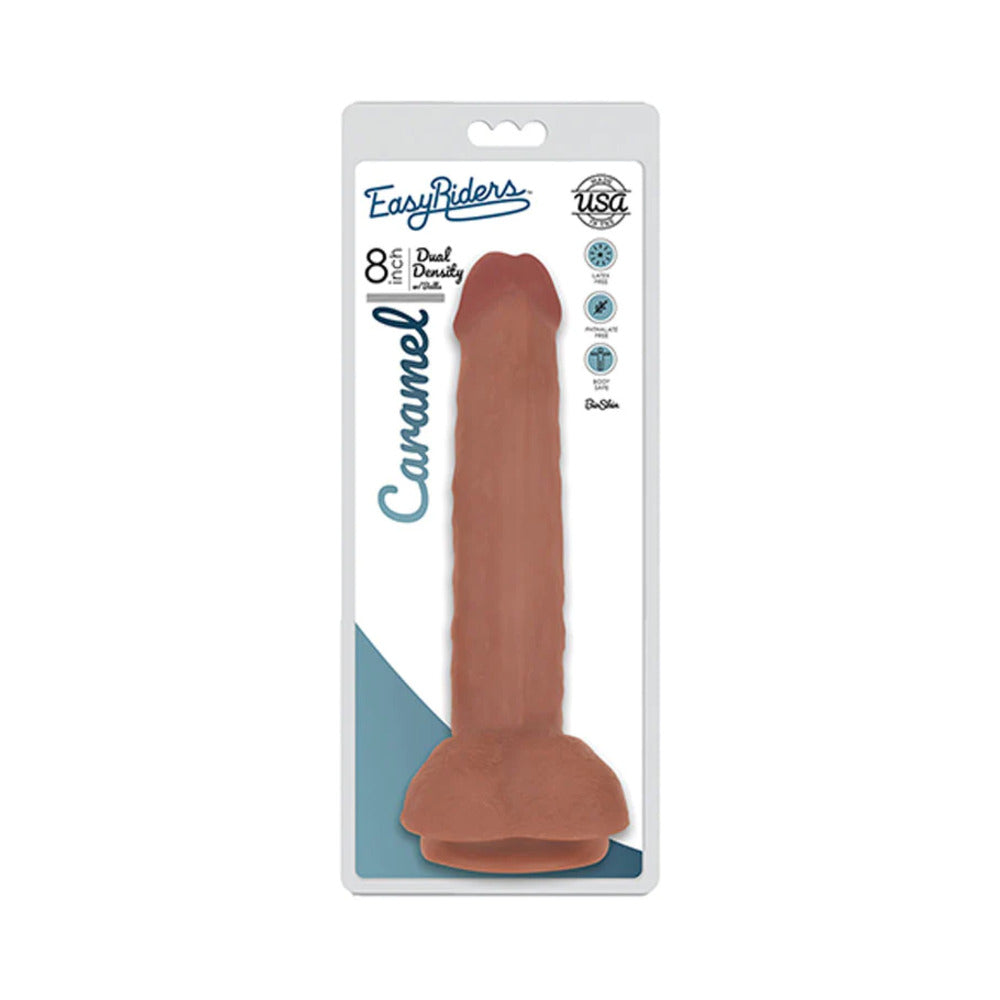 Curve Toys Easy Riders 8 in. Dual Density Dildo with Balls & Suction Cup Tan Curve Novelties Easy Riders 8-inch tan dildo white-and-teal blister package with caramel label and tall product visible