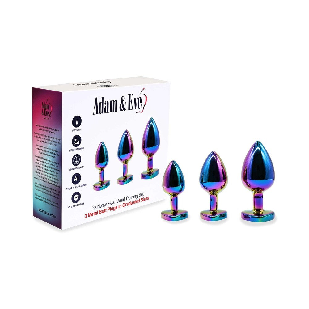 Adam & Eve Rainbow Heart Anal Plug Training Set Adam and Eve box with three rainbow heart-base metal plugs