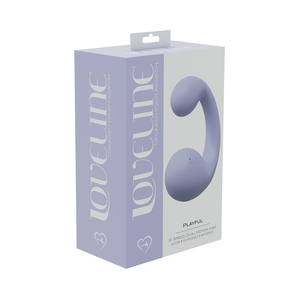 LoveLine Playful 10 Speed Dual Motor Vibe Sealed Silicone Rechargeable Submersible Lavender lavender LoveLine Playful two-ended curved vibrator on purple box