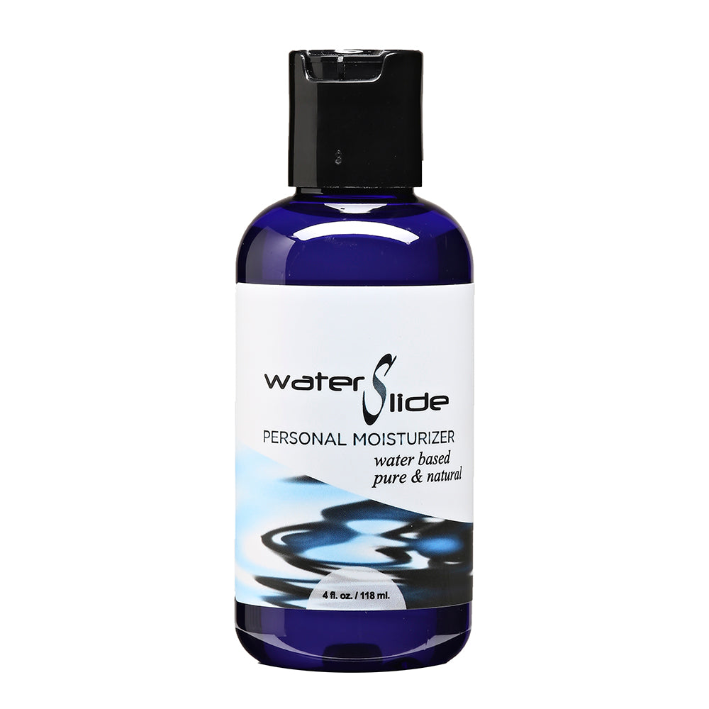 Water Slide Lubricant 4oz. Blue 4 oz Earthly Body Water Slide bottle with black flip-top cap
