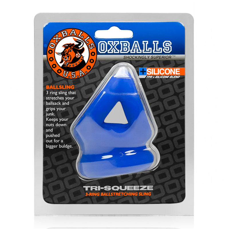 OxBalls TRI-SQUEEZE cocksling/ballstretcher, COBALT ICE Blue OxBalls TRI-SQUEEZE three-ring cock sling in hanging package