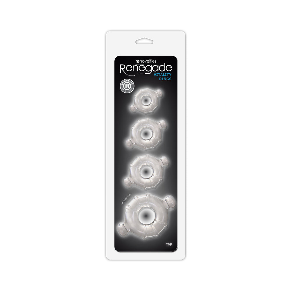 Renegade Vitality Rings 4-Pack Clear Renegade Clear Vitality Rings 4 Pack four clear rings arranged on white hanging card