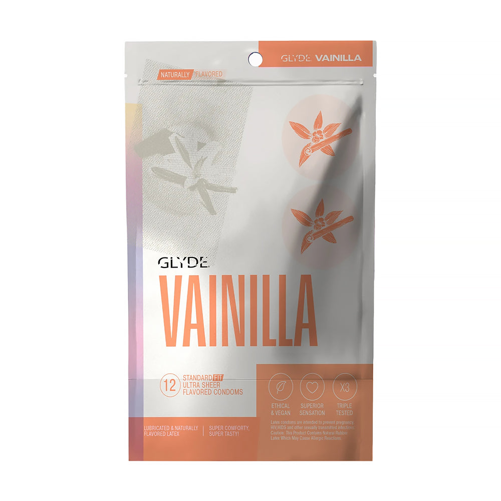 GLYDE Ultrathin Latex Condom Vanilla Flavored 12-Count GLYDE vanilla flavored ultra-thin latex condoms 12-pack front of the white and orange resealable retail pouch