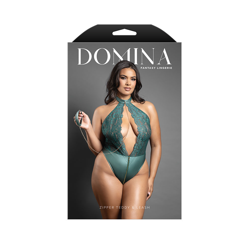 Fantasy Lingerie Domina Keyhole Halter Teddy with Detachable Chain-Link Leash Pine Green Queen Size Domina package showing pine green keyhole halter teddy with chain leash in Queen size