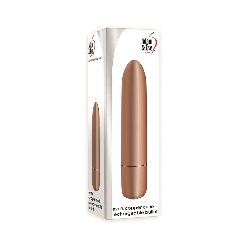 Adam & Eve Eve''s Copper Cutie Rechargeable Bullet Adam & Eve Copper Cutie rechargeable bullet pictured inside white retail box