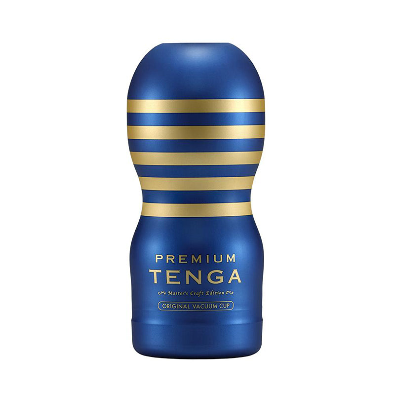 Navy Tenga Premium Original Vacuum Cup with horizontal gold bands