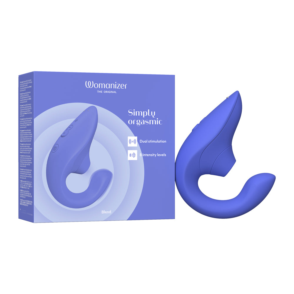 Womanizer Blend Vibrant Blue Vibrant Blue Womanizer Blend beside blue retail box with product image