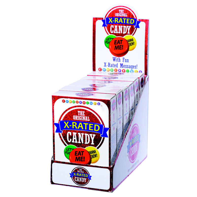 X-Rated Candy 6pk Display Little Genie X-Rated candy six-pack in a colorful open countertop carton