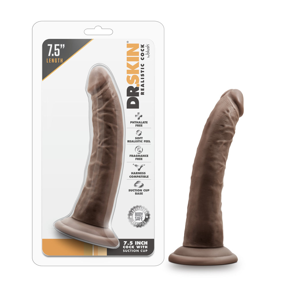 Dr. Skin Realistic 7.5 in. Dildo Brown Blush Dr. Skin dark-brown 7.5-inch dildo beside clear Dr. Skin retail package
