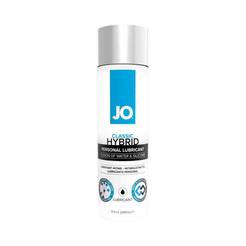 JO Classic Hybrid Lubricant 8 oz. Tall 8 oz System JO Classic Hybrid bottle with blue label and silver cap