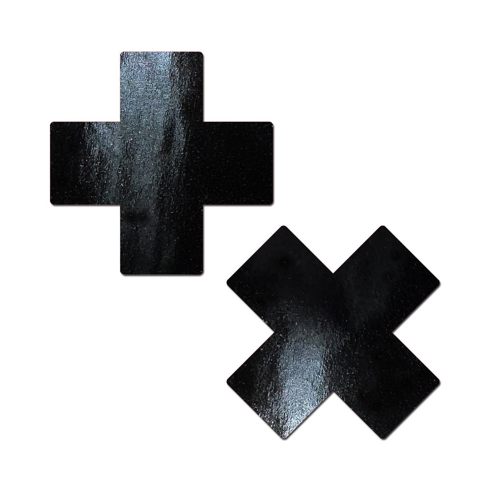 Pastease Plus X: Faux Latex Pleather Vinyl Black Cross Pasties Pastease Plus X: Faux Latex Pleather Vinyl Black Cross Pasties