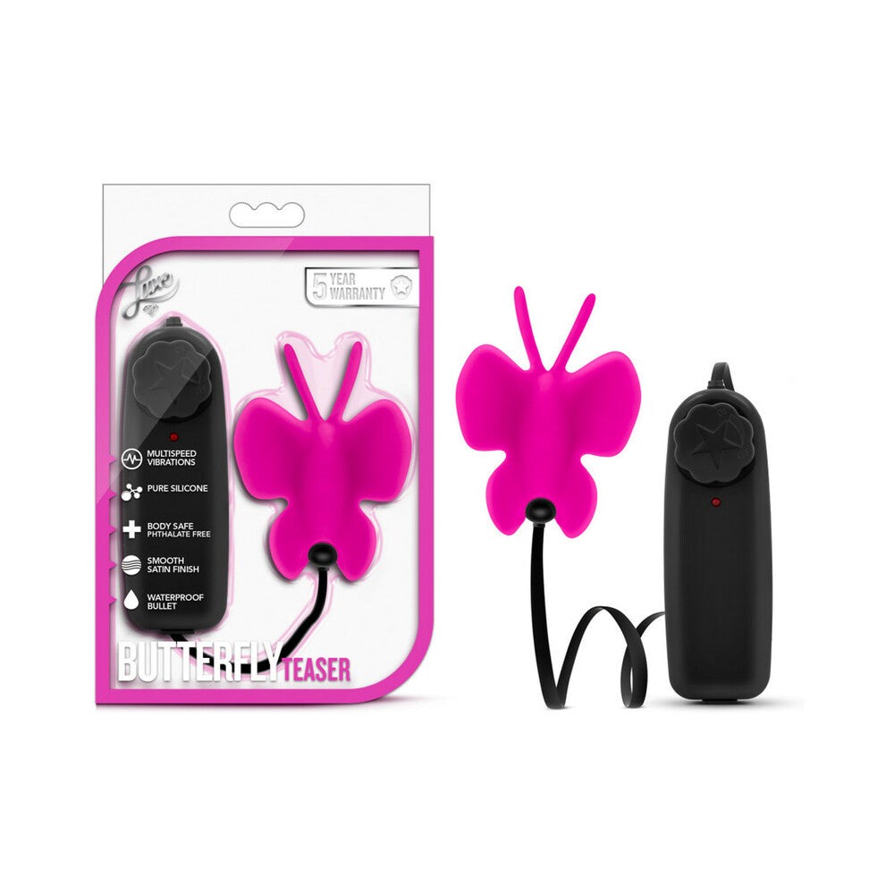 Luxe Butterfly Teaser Remote-Controlled Silicone Mini Vibrator Fuchsia Blush Luxe Fuchsia Butterfly Teaser with black remote beside retail blister pack