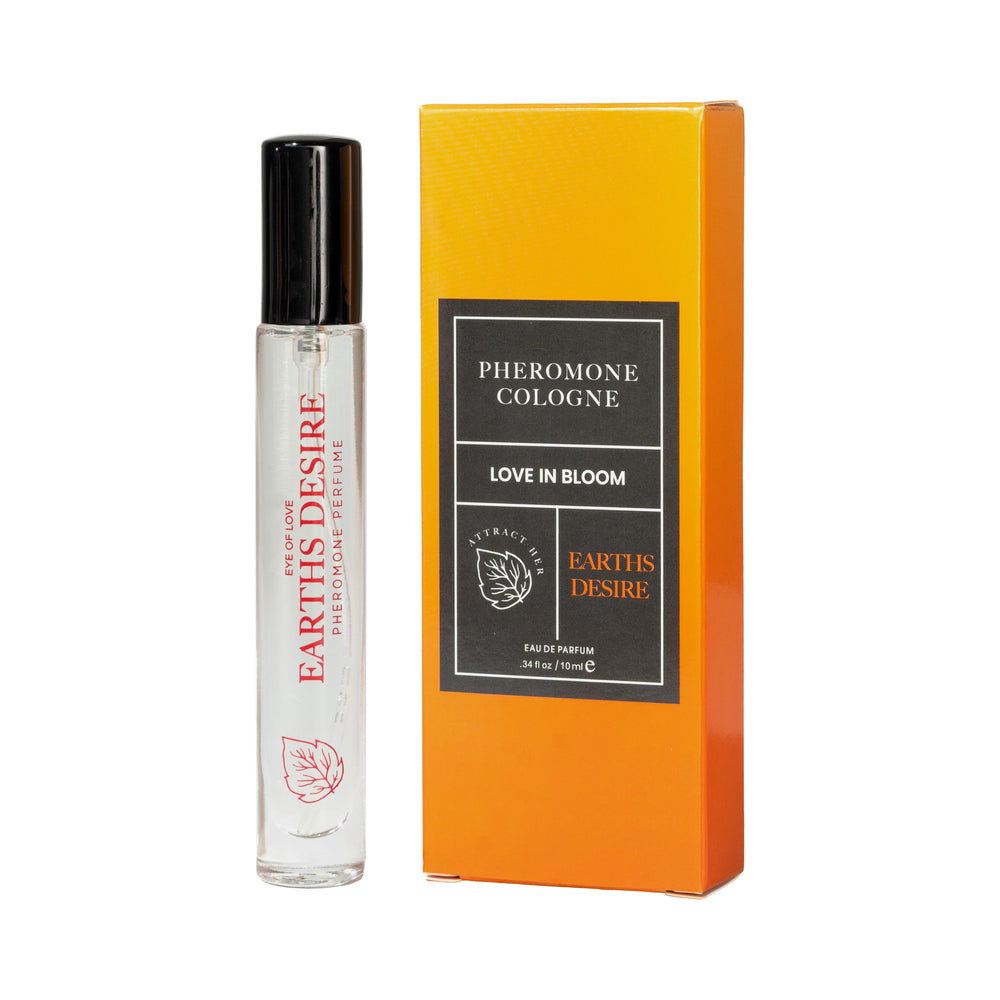 Eye of Love Bloom Attract Her Pheromone Parfum Earth''s Desire 0.34 oz. Earth’s Desire 0.34 oz slim spray vial beside its narrow orange retail box