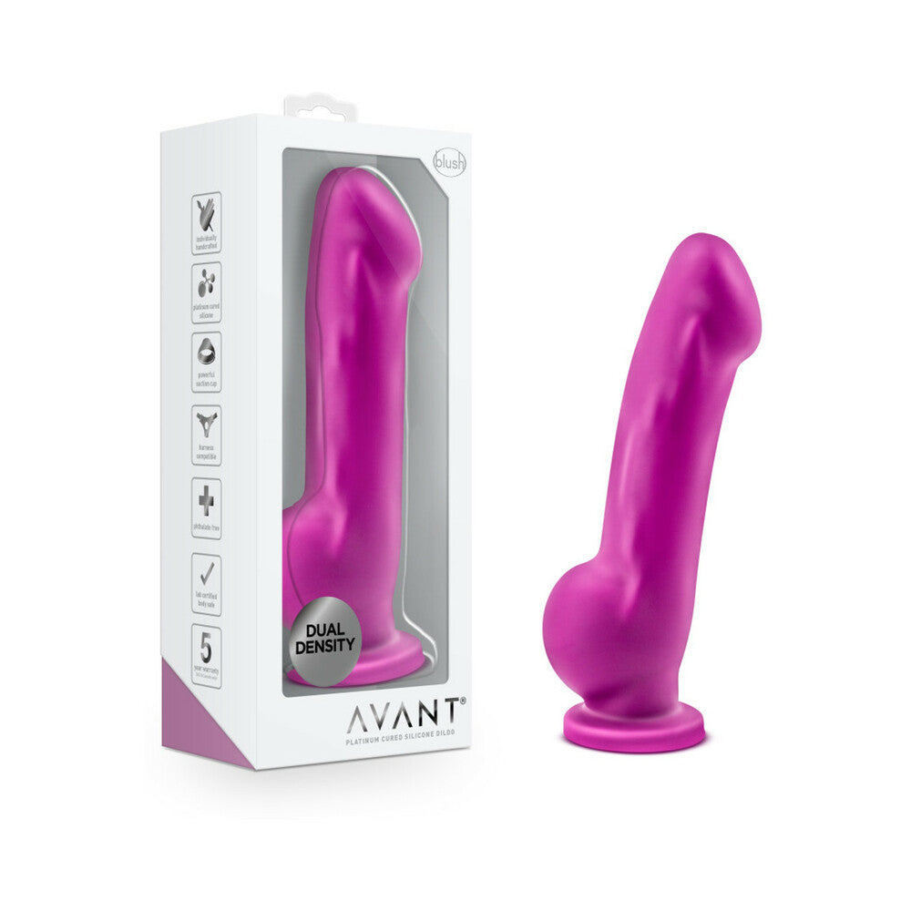 Avant D7 Ergo 7.5 in. Dual Density Silicone Dildo Violet Hot pink Avant D7 Ergo dildo beside clear retail box