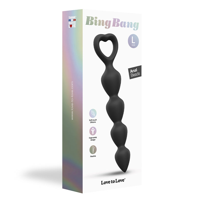 Love to Love Bing Bang Silicone Anal Beads Noir Large Black large Bing Bang seven-bead strand beside tall retail box