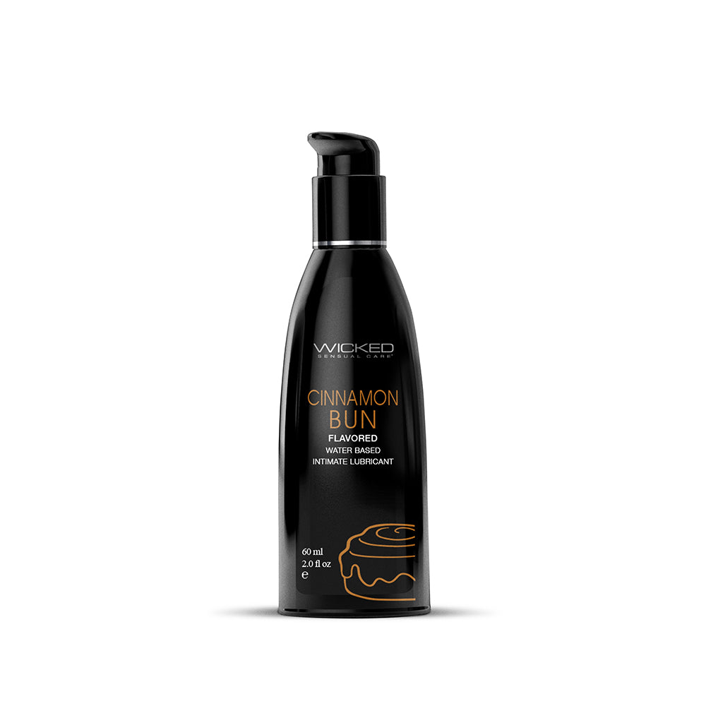 Wicked Aqua Cinnamon Bun Water-Based Lubricant 2 oz. Wicked Aqua Cinnamon Bun 2 oz Lubricant slim black pump bottle front with roll graphic