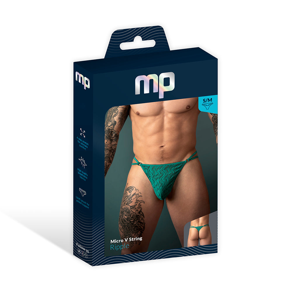 Male Power Ripple Micro V String Teal S/M Male Power Ripple Micro V-String in teal size S/M displayed in a navy window retail box