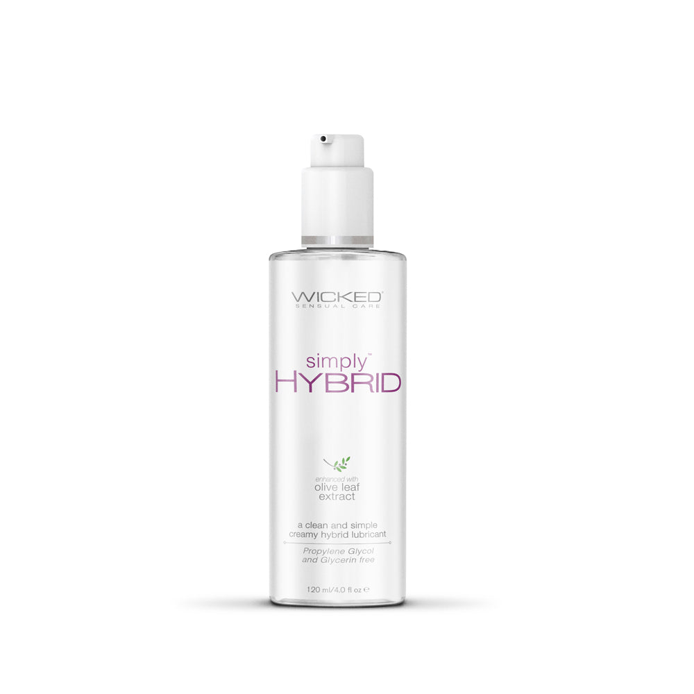 Wicked Simply Hybrid Lubricant 4 oz. Front of Wicked Simply Hybrid four-ounce clear pump bottle