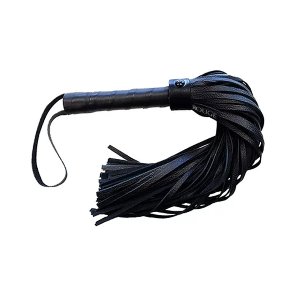Rouge Long Leather Flogger Black with Black Accessories Long black Rouge leather flogger with wrist loop