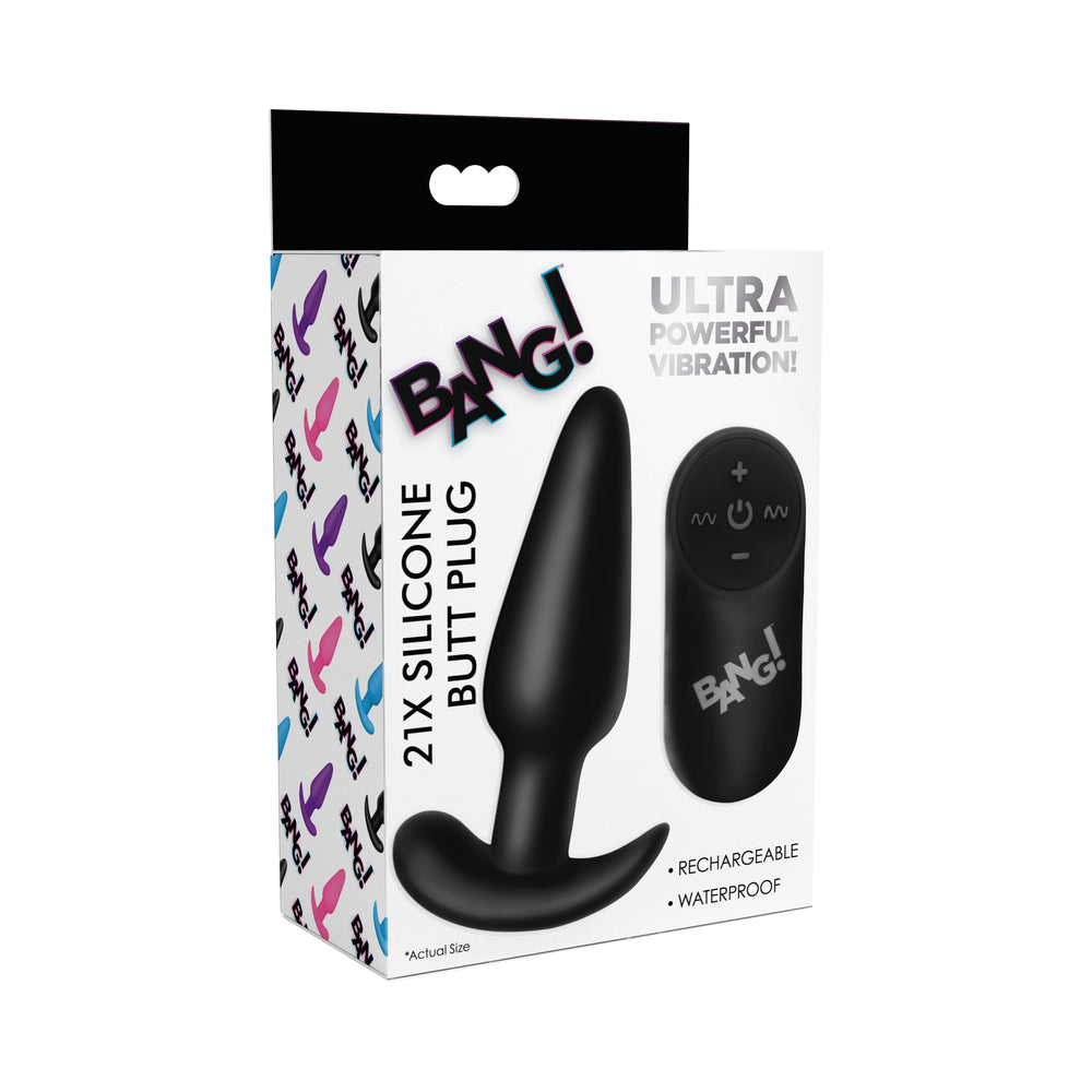 BANG! 21X Vibrating Silicone Butt Plug with Remote Control Black black BANG 21X silicone anal plug and wireless remote pictured on box
