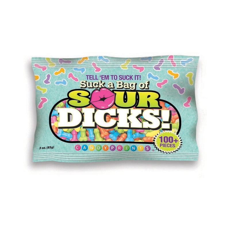 Suck A Bag Of Sour Dicks! 3 oz. Bag blue 3 oz Sour Dicks candy bag with colorful lettering and penis-shaped candy graphics